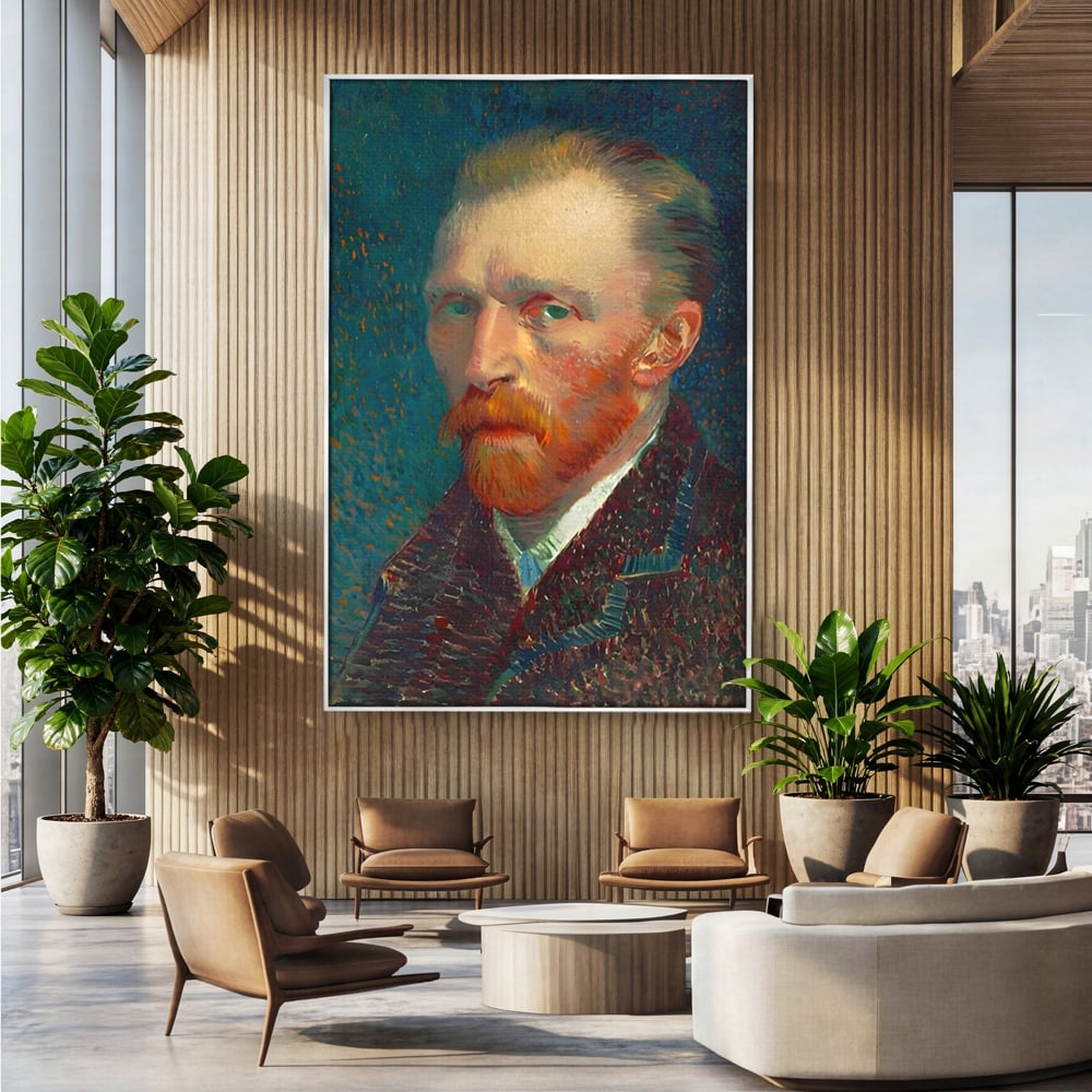 Tablou canvas cu autoportret vincent van gogh, in rama de aluminiu argintiu, pe perete intr-un birou